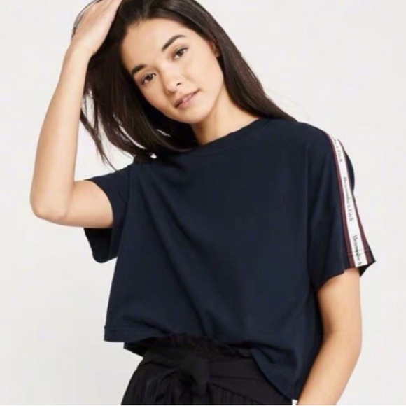 Abercrombie & Fitch Navy Blue Logo Tape Cotton Cropped T-Shirt, Size Small - Picture 1 of 10
